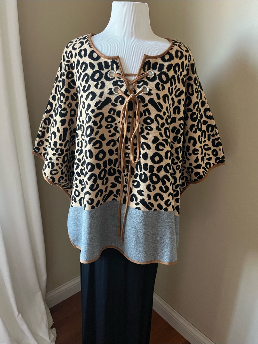 THML Leopard Lace-Up Poncho in Tan, Black & Gray